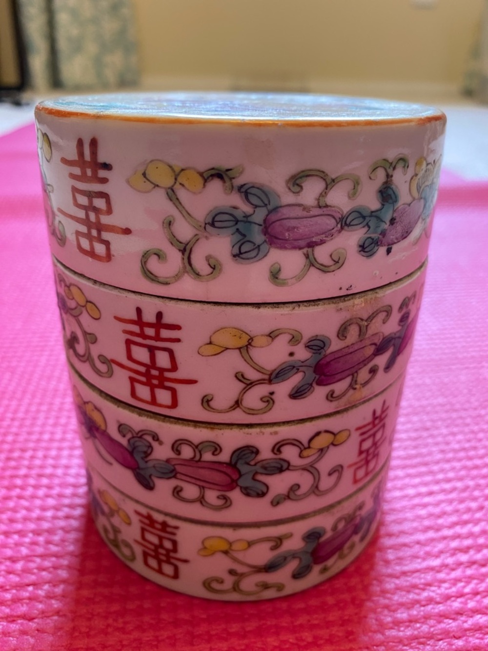Antique Chinese Hand Painted Porcelain Wedding Trinket Stacking Box 4.5" Tall
